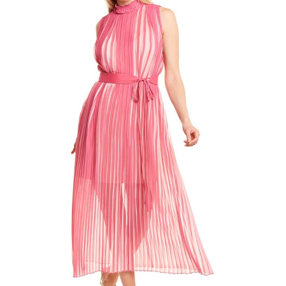 BCBGMAXAZRIA LONG SLEEVELESS PLEATED DRESS